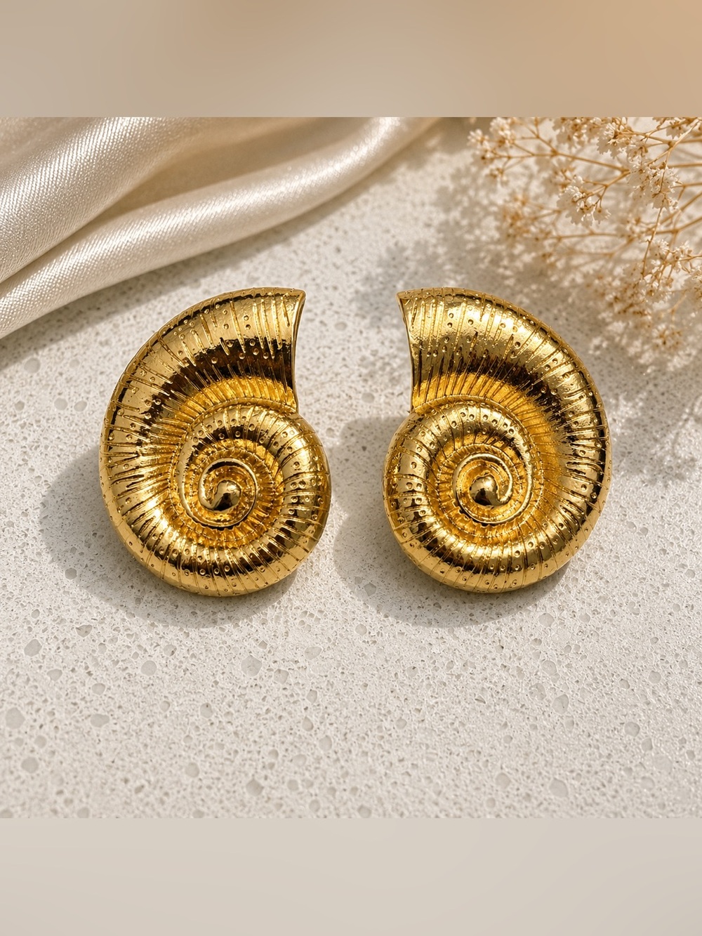 Gold Spiral Shell Statement Earrings - Women Jewelry